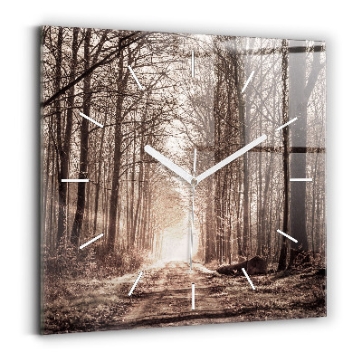 Skleněné hodiny čtvercové Lesní cesta v sépiové barvě