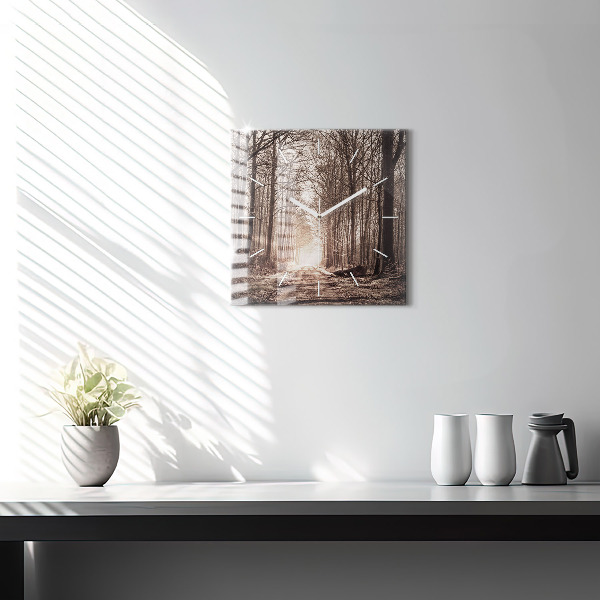 Skleněné hodiny čtvercové Lesní cesta v sépiové barvě