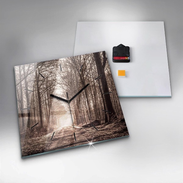 Skleněné hodiny čtvercové Lesní cesta v sépiové barvě
