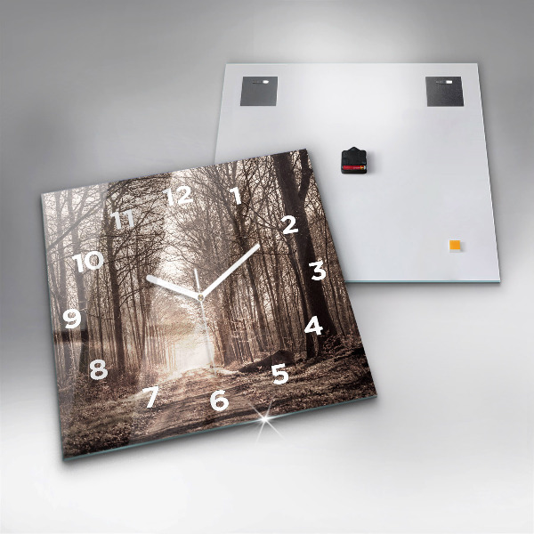 Skleněné hodiny čtvercové Lesní cesta v sépiové barvě