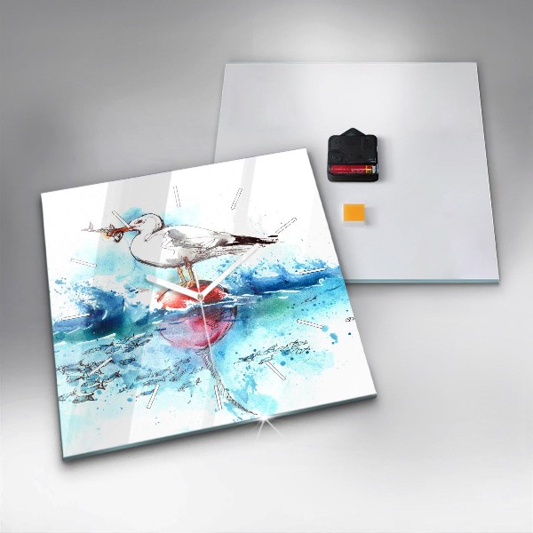 Skleněné hodiny čtvercové Malovaný racek