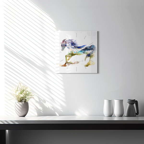 Skleněné hodiny čtvercové Malované hory a kůň