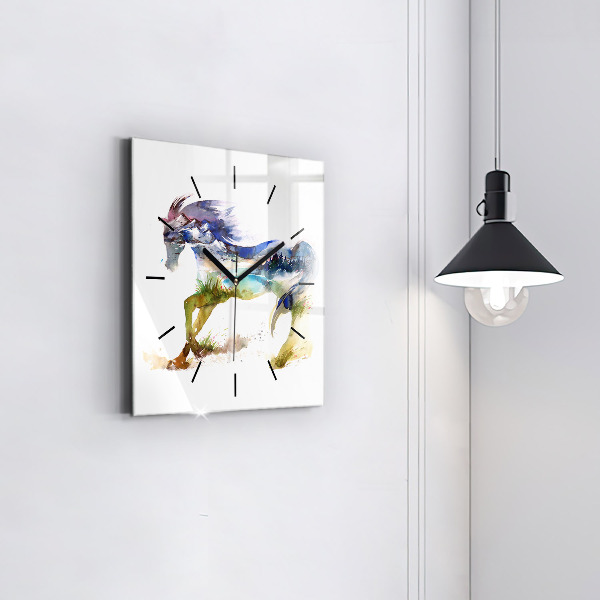 Skleněné hodiny čtvercové Malované hory a kůň