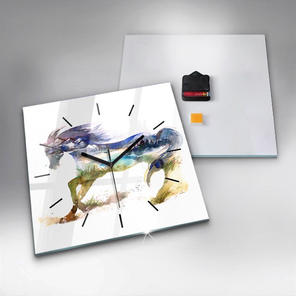 Skleněné hodiny čtvercové Malované hory a kůň