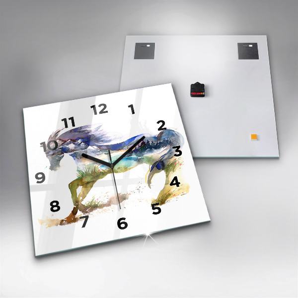 Skleněné hodiny čtvercové Malované hory a kůň