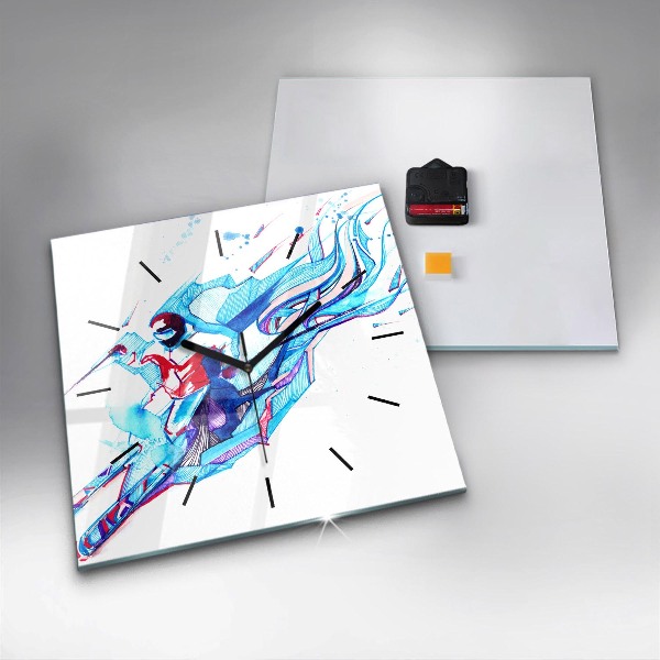 Skleněné hodiny čtvercové Lyžař