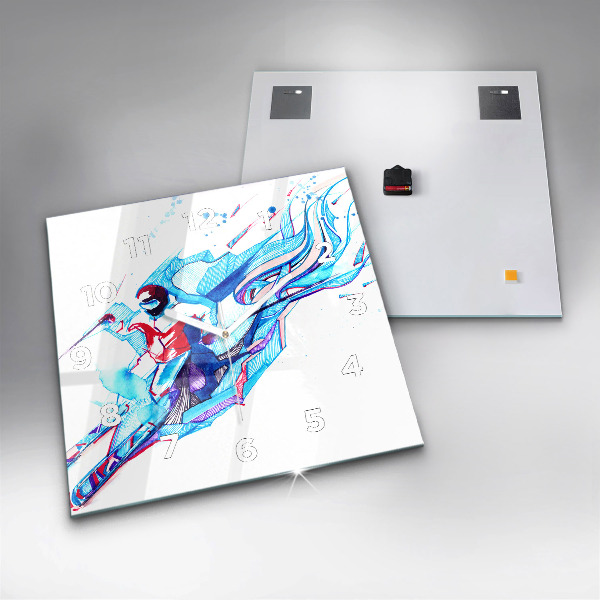 Skleněné hodiny čtvercové Lyžař