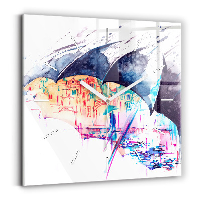 Skleněné hodiny čtvercové Deštník a město