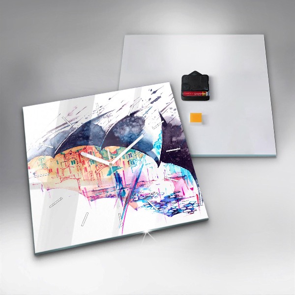 Skleněné hodiny čtvercové Deštník a město