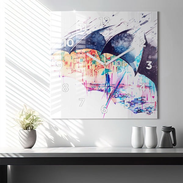 Skleněné hodiny čtvercové Deštník a město