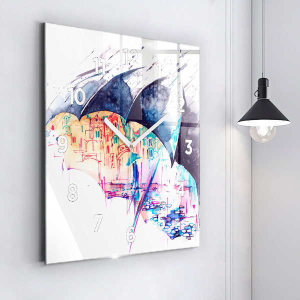 Skleněné hodiny čtvercové Deštník a město
