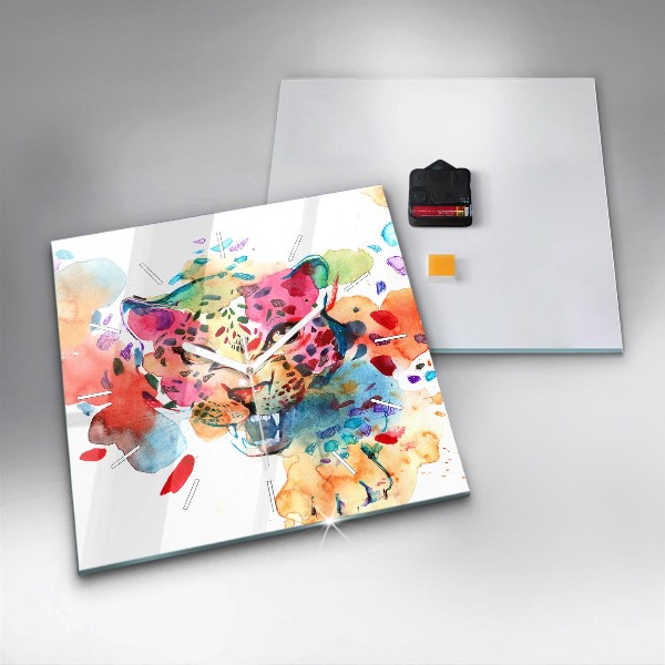 Skleněné hodiny čtvercové Divoká kočka abstraktní