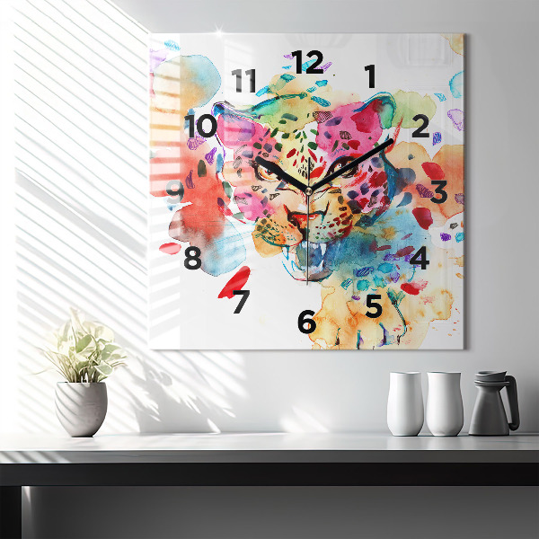 Skleněné hodiny čtvercové Divoká kočka abstraktní
