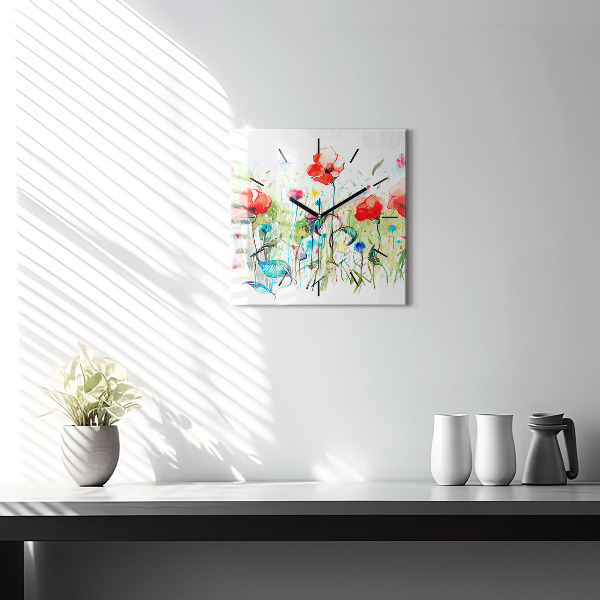 Skleněné hodiny čtvercové Květiny na louce