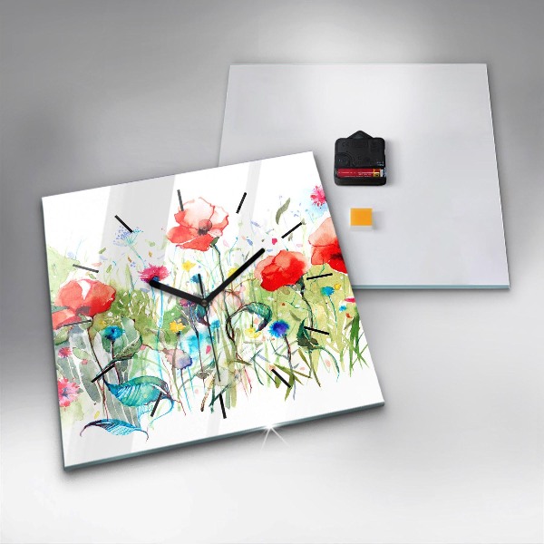 Skleněné hodiny čtvercové Květiny na louce