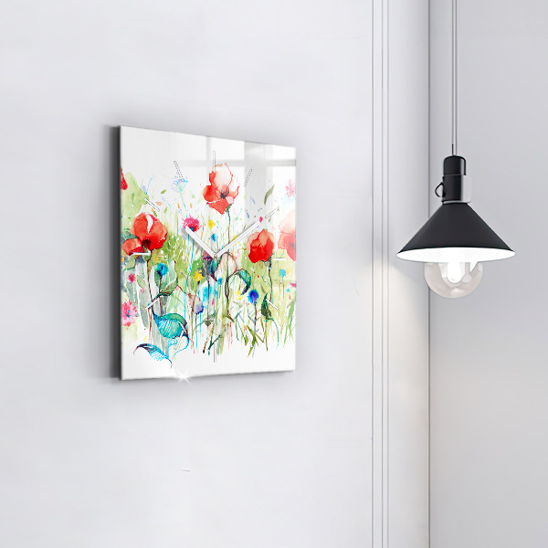 Skleněné hodiny čtvercové Květiny na louce