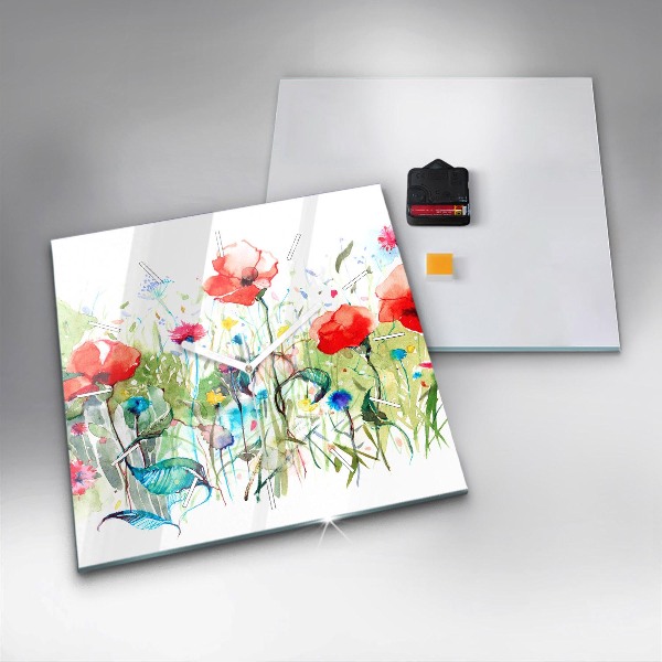 Skleněné hodiny čtvercové Květiny na louce