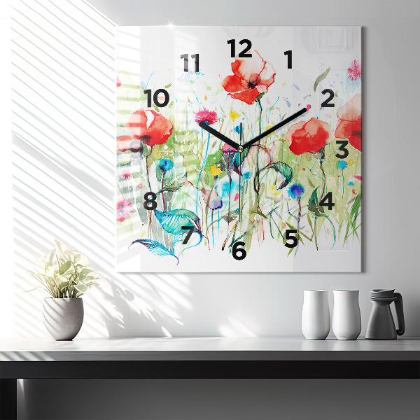 Skleněné hodiny čtvercové Květiny na louce