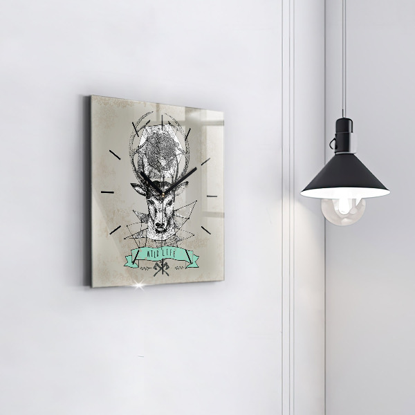 Skleněné hodiny čtvercové Hlava jelena