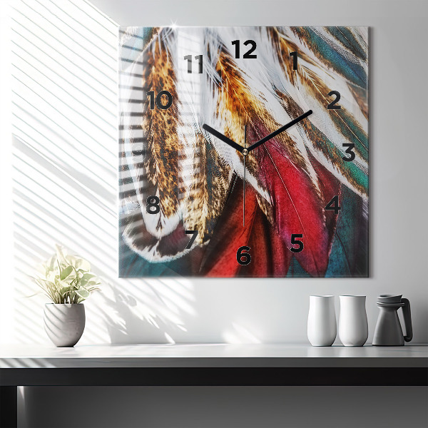Skleněné hodiny čtvercové Světle hnědé ptačí peří