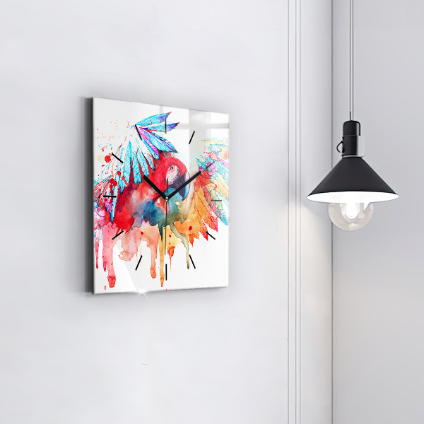 Skleněné hodiny čtvercové Barevný červený papoušek