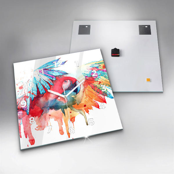 Skleněné hodiny čtvercové Barevný červený papoušek