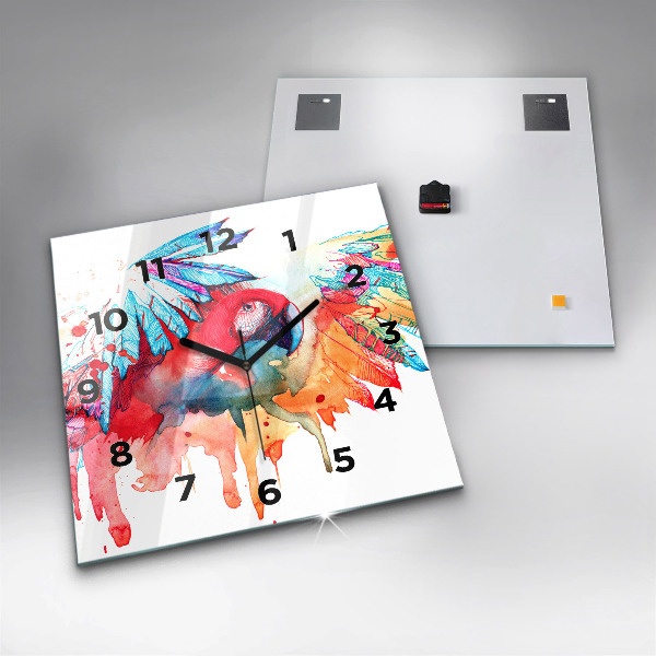 Skleněné hodiny čtvercové Barevný červený papoušek