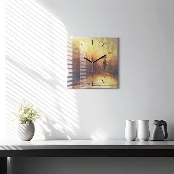 Skleněné hodiny čtvercové žena s deštníkem