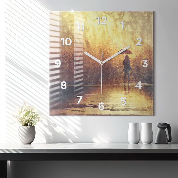 Skleněné hodiny čtvercové žena s deštníkem