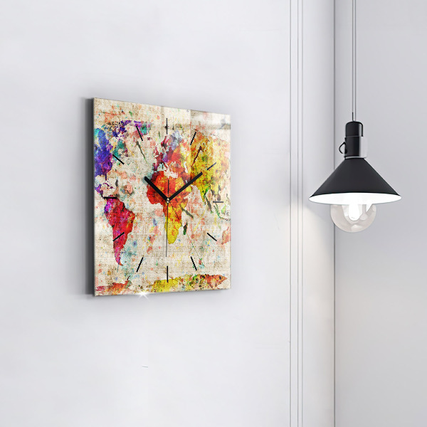 Skleněné hodiny čtvercové Barevná mapa světa