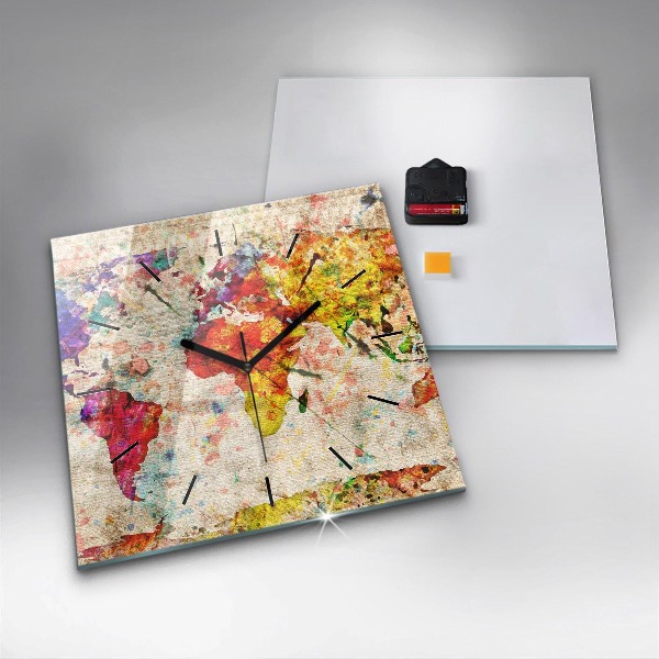 Skleněné hodiny čtvercové Barevná mapa světa