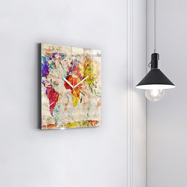 Skleněné hodiny čtvercové Barevná mapa světa