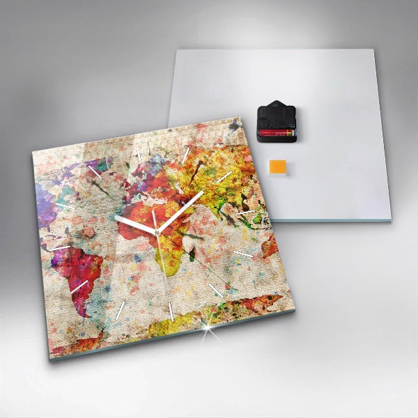 Skleněné hodiny čtvercové Barevná mapa světa