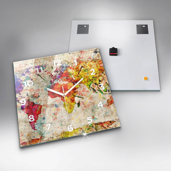 Skleněné hodiny čtvercové Barevná mapa světa
