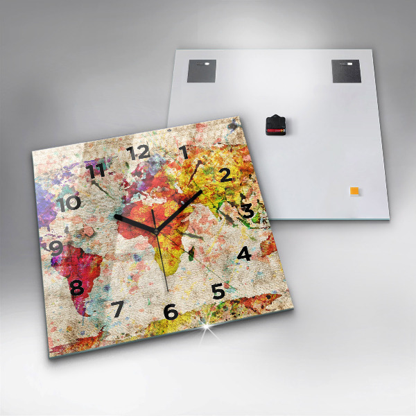 Skleněné hodiny čtvercové Barevná mapa světa