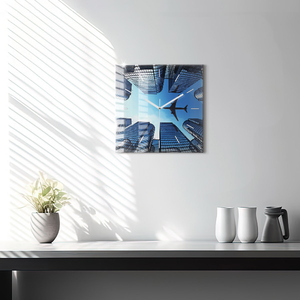 Skleněné hodiny čtvercové Letadlo nad budovami