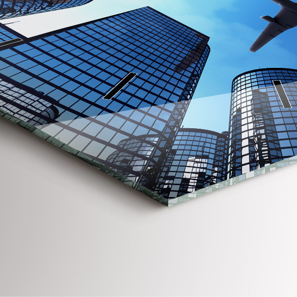 Skleněné hodiny čtvercové Letadlo nad budovami