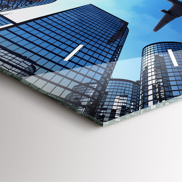 Skleněné hodiny čtvercové Letadlo nad budovami