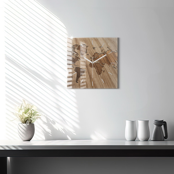 Skleněné hodiny čtvercové Mapa světa na dřevě