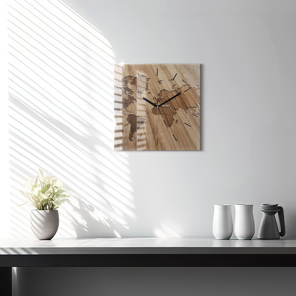 Skleněné hodiny čtvercové Mapa světa na dřevě