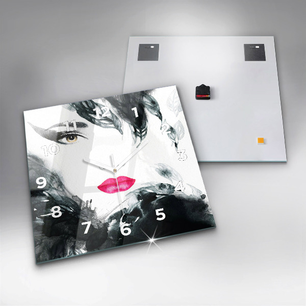 Skleněné hodiny čtvercové Portrét ženy červené rty