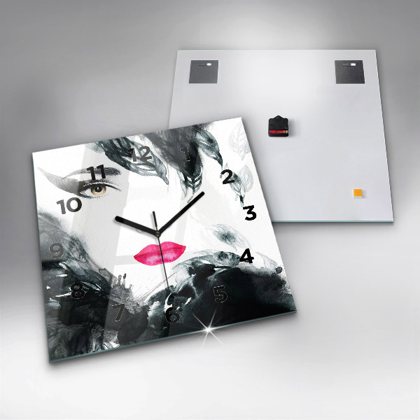 Skleněné hodiny čtvercové Portrét ženy červené rty