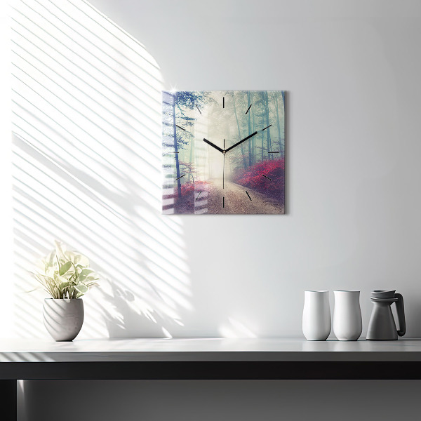 Skleněné hodiny čtvercové Podzimní cesta Lesní mlha