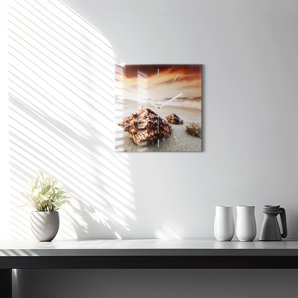 Skleněné hodiny čtvercové Mušle na pláži