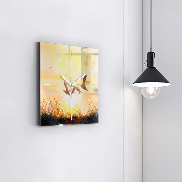 Skleněné hodiny čtvercové Jeřábi při západu slunce