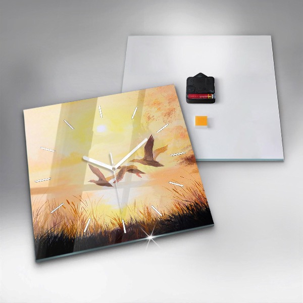 Skleněné hodiny čtvercové Jeřábi při západu slunce