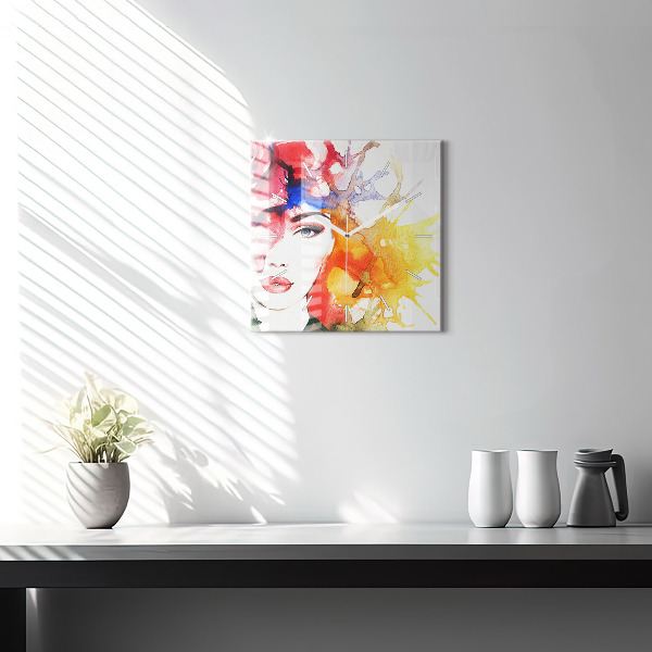 Skleněné hodiny čtvercové Barevný portrét ženy