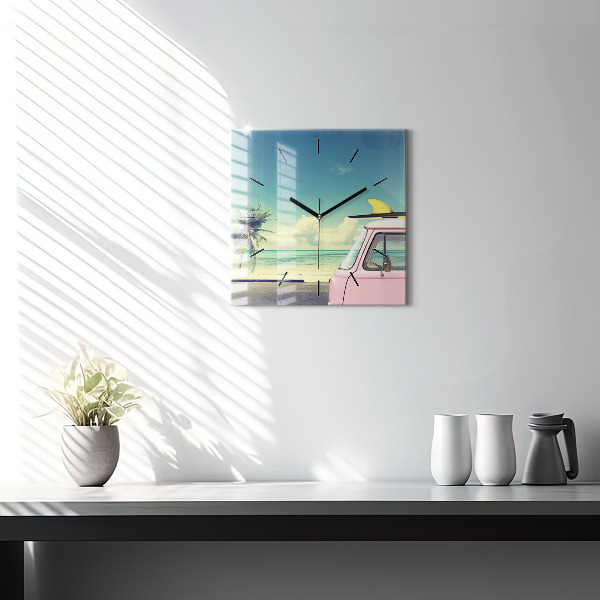 Skleněné hodiny čtvercové Auto se surfovacím prknem
