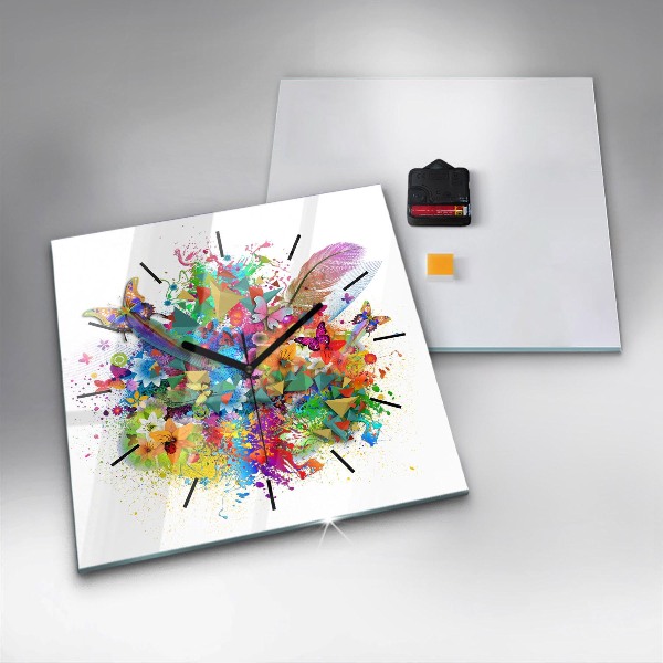 Skleněné hodiny čtvercové Květinová harmonie s motýly