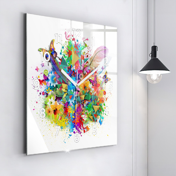 Skleněné hodiny čtvercové Květinová harmonie s motýly